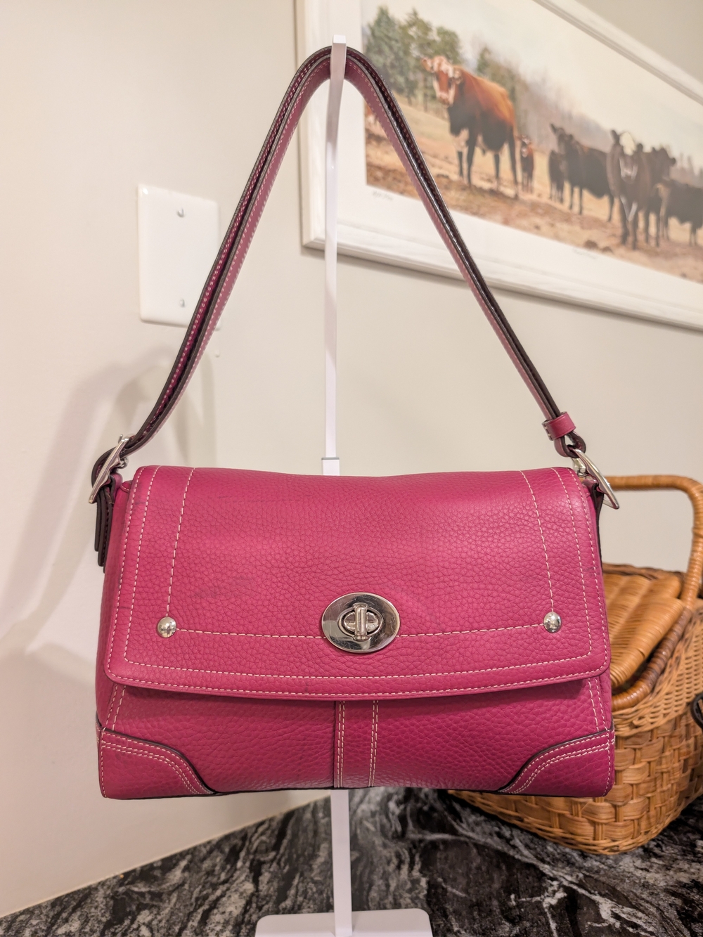 Coach Hamilton Magenta Pebbled Leather Flap Turnlock Shoulder Crossbody Bag F139
